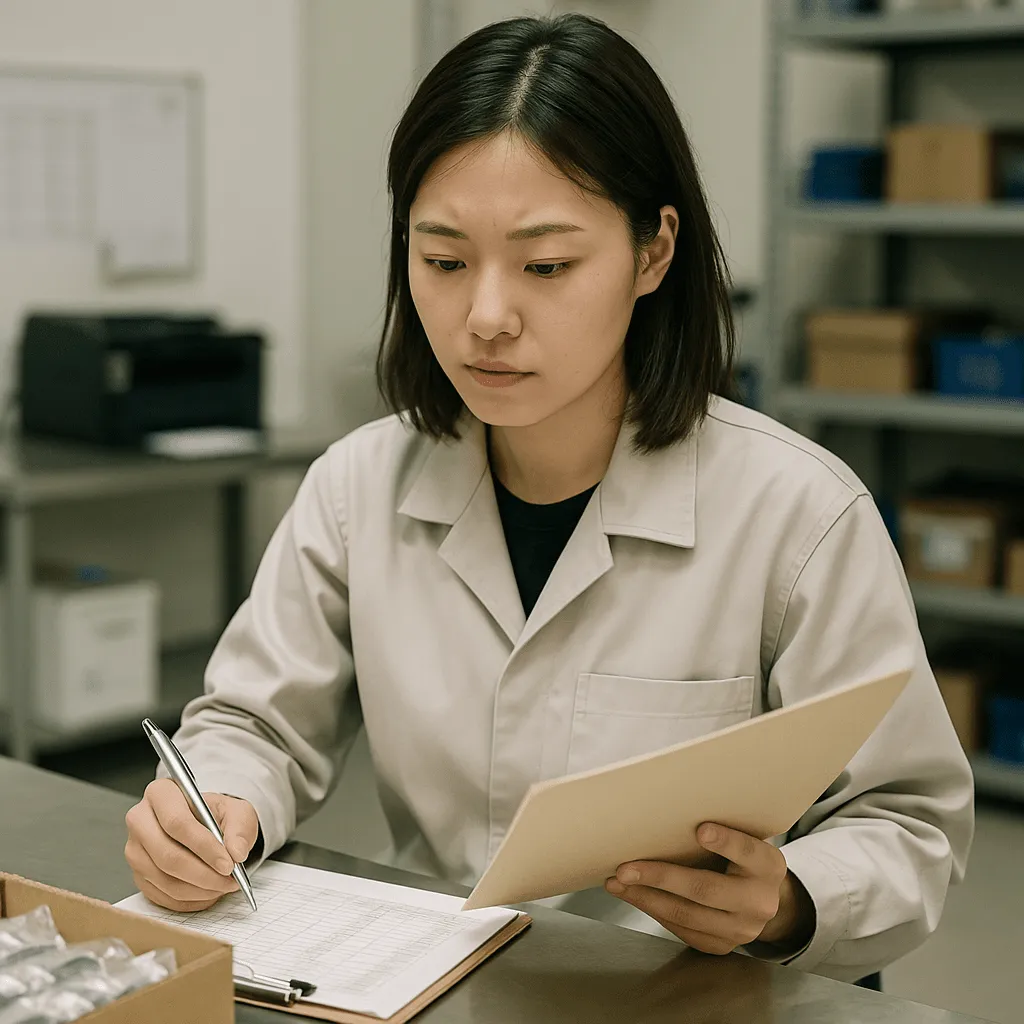 受入・工程内・最終検査の検査記録を突き合わせる現場作業員 ─ ロット毎トレーサビリティ不足の悩み